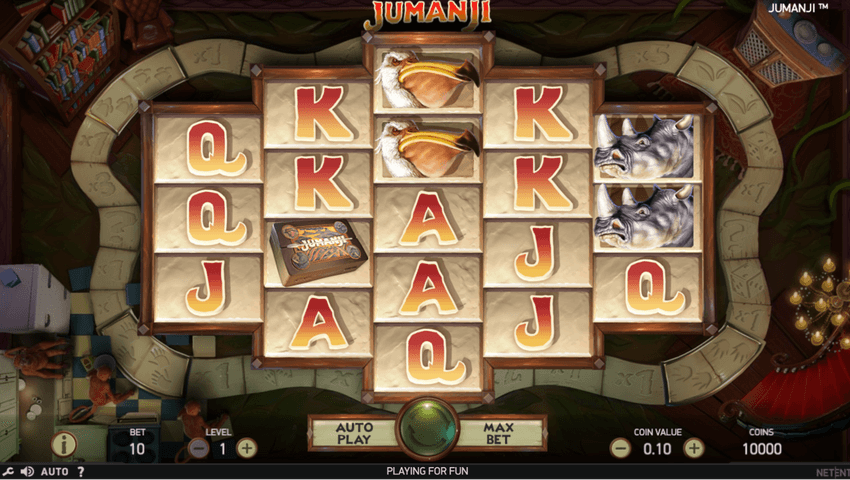 Jumanji – στιγμιότυπο παιχνιδιού NetEnt Στιγμιότυπο του φρουτακίου Jumanji της NetEnt με πλέγμα εμπνευσμένο από επιτραπέζιο παιχνίδι