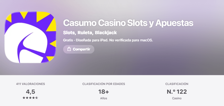 casumo-app-ios-apple-store Vista de la aplicación de Casumo en la App Store de Apple para iOS, con el icono del casco morado y amarillo, mostrando una valoración media de 4,5 estrellas y clasificación para mayores de 18 años.