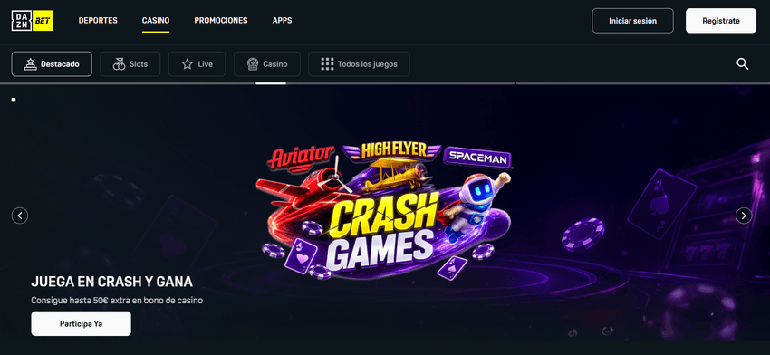 Página principal del casino de DAZN Bet Página principal del casino de DAZN Bet con la promoción de juegos crash y acceso a tragamonedas, casino en vivo y catálogo completo.