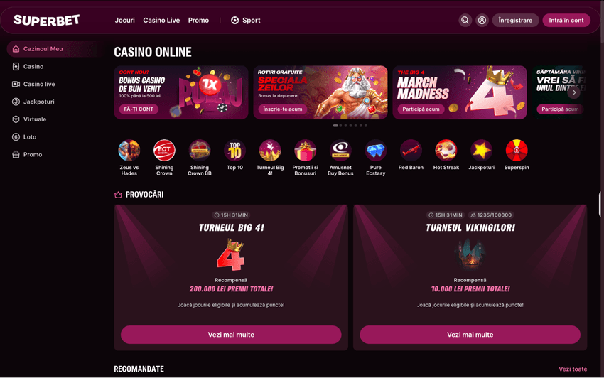 Pagina principală casino online Superbet cu promoții și jocuri
