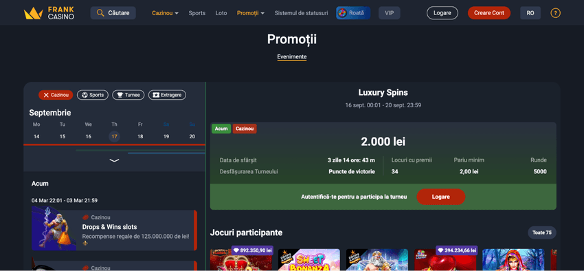 Promoții Frank Casino Pagina de promoții Frank Casino cu turneul Luxury Spins și lista jocurilor participante