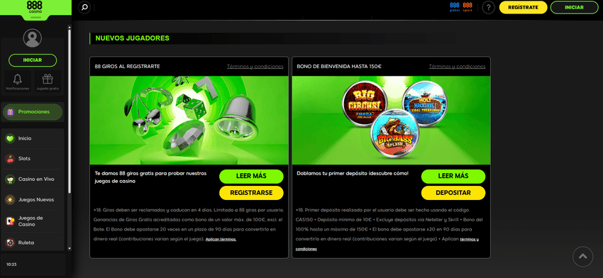 Bonos y promociones en 888casino Sección de promociones de 888casino con bono de bienvenida hasta 150€ y 88 giros gratis.