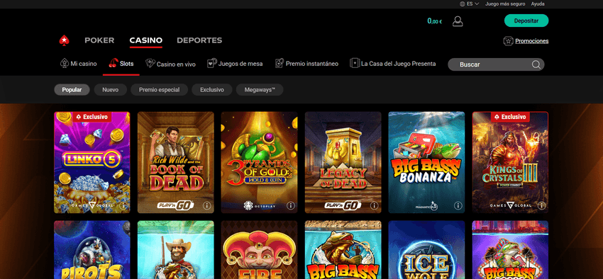 Catálogo de tragaperras en PokerStars con juegos como Book of Dead y Big Bass Bonanza.