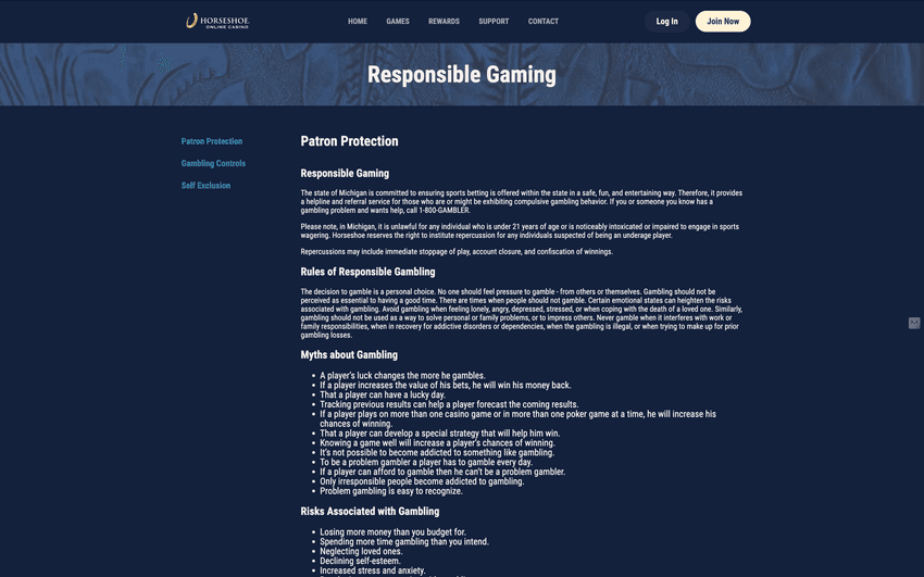 Horseshoe Michigan online casino Responsible Gambling page with deposit limits, self-exclusion options, and help resources.