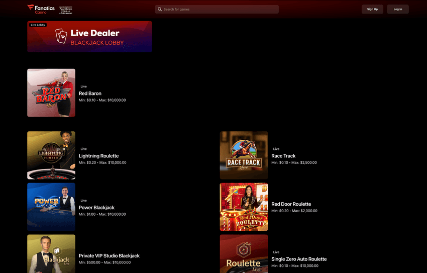 Screenshot of Fanatics Michigan live dealer games section