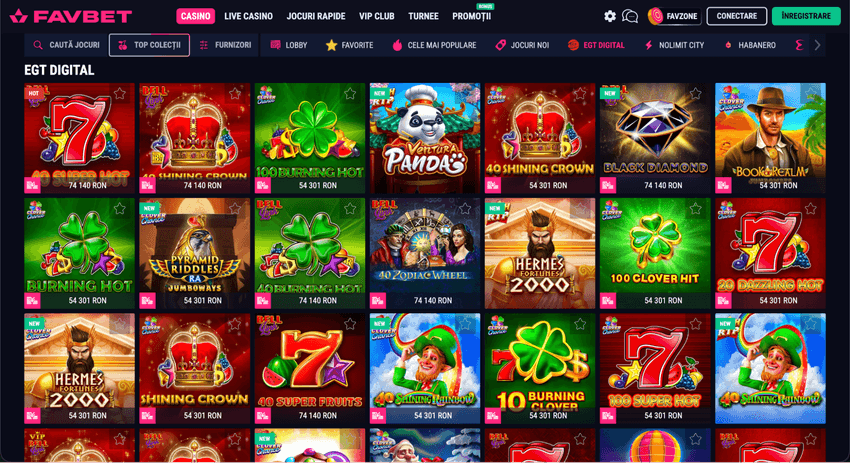 Jocuri EGT Digital la Favbet Categorie EGT Digital la Favbet cu jocuri precum 40 Super Hot, 40 Shining Crown, Burning Hot, Hermes Fortunes și 100 Clover Hit.