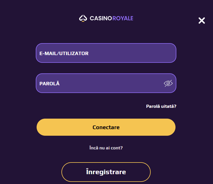 Conectare Casino Royale Fereastra de conectare Casino Royale pentru autentificarea utilizatorilor și accesarea contului de joc.