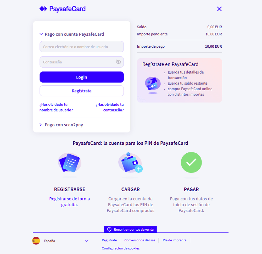 Pantalla de inicio de sesión de Paysafecard con campos para correo electrónico y contraseña antes de completar un pago online.