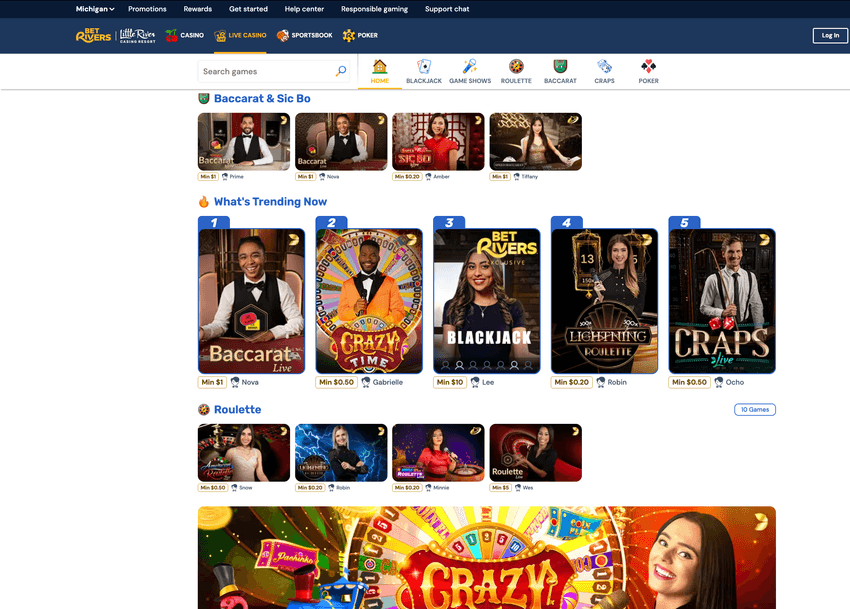 Screenshot of BetRivers Michigan live dealer games section