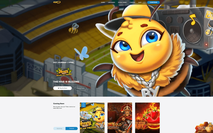 Play’n GO homepage featuring Honey Rush Black and Yellow promotion representing Legal Online Slots in Michigan
