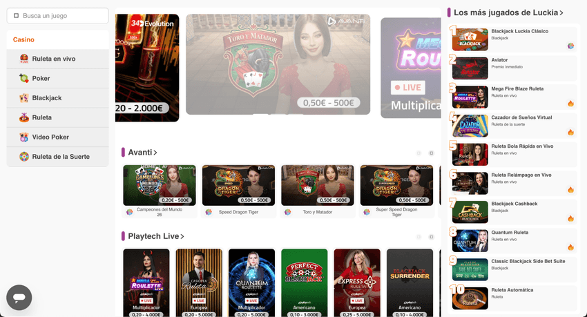 Sección de casino en vivo de Luckia con ruleta, blackjack y otros juegos con crupier en directo.
