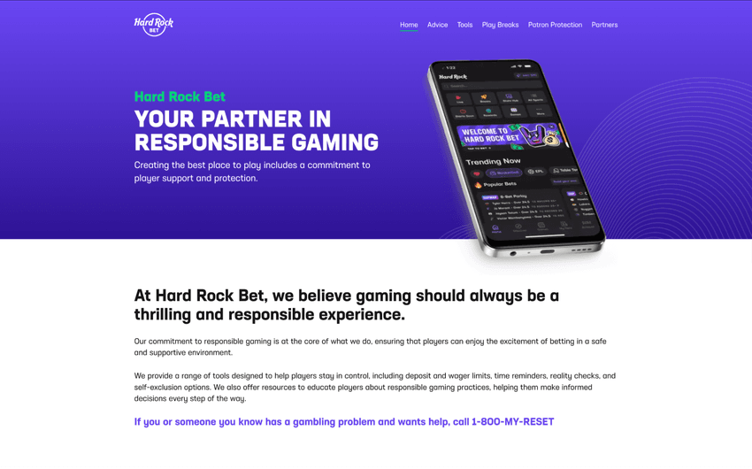 Hard Rock Bet Responsible Gambling Tools Hard Rock Bet Casino responsible gambling page featuring player protection tools, account limits, and support resources.
