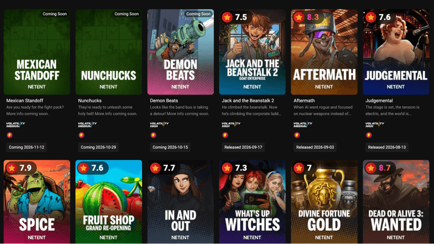 NetEnt – lansări recente și viitoare Pagina NetEnt cu jocuri recente și viitoare, inclusiv Jack and the Beanstalk 2, Aftermath și Divine Fortune Gold