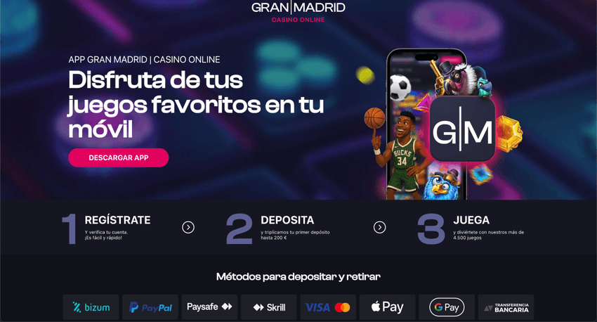 Página promocional de la aplicación móvil de Gran Madrid Casino con métodos de pago disponibles