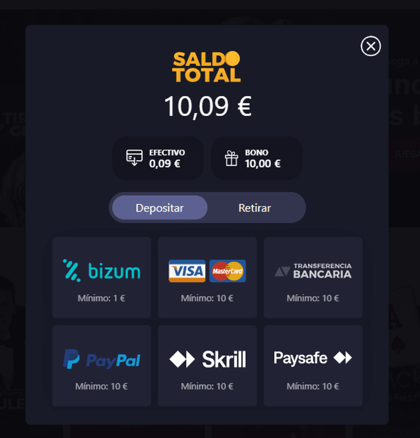 Ventana de depósito de casino con Mastercard, Visa, Bizum, PayPal, Skrill y Paysafecard.