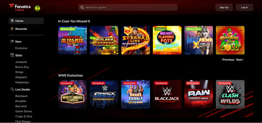 Fanatics Casino homepage featuring exclusive games and branded casino content
