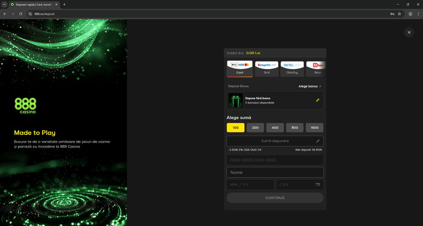 Pagina de depunere 888 Casino cu metode de plată și sumă selectată