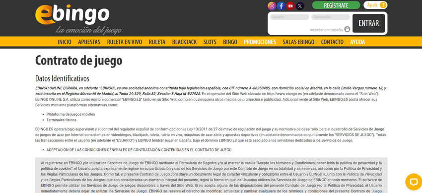 Términos y condiciones de eBingo Página del contrato de juego de eBingo con los términos y condiciones para los usuarios.