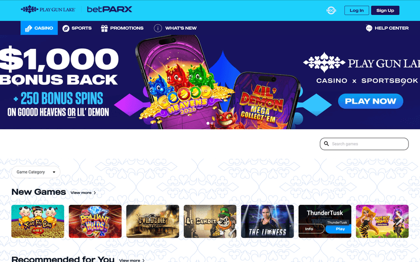 Screenshot of Play Gun Lake casino showing $1,000 bonus back