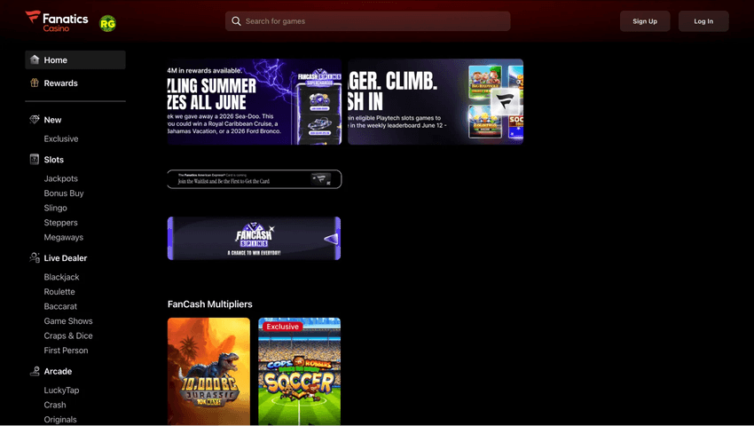 Fanatics Casino Game Lobby Fanatics Casino lobby with promotions, FanCash rewards, slots and live dealer game categories