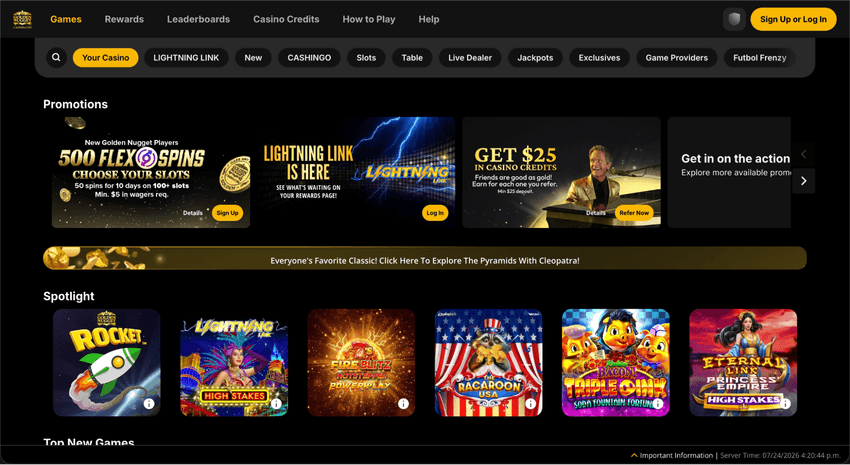 Golden Nugget Online Casino promotions and games page featuring Flex Spins and slot titles.