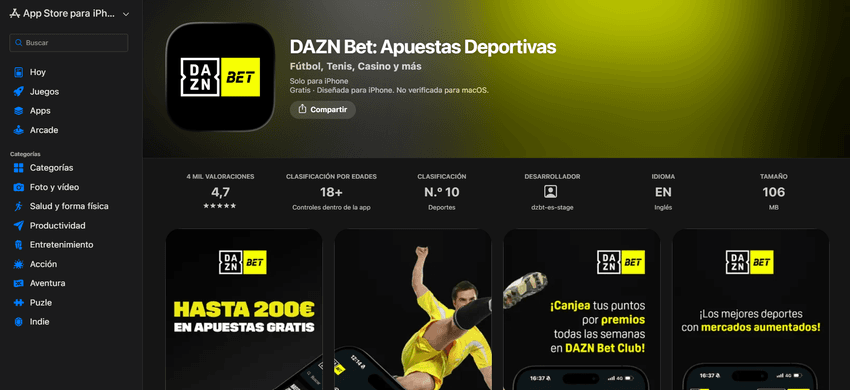 App de DAZN Bet para iPhone Ficha de la aplicación DAZN Bet para iPhone en la App Store con valoración, clasificación y capturas de pantalla.