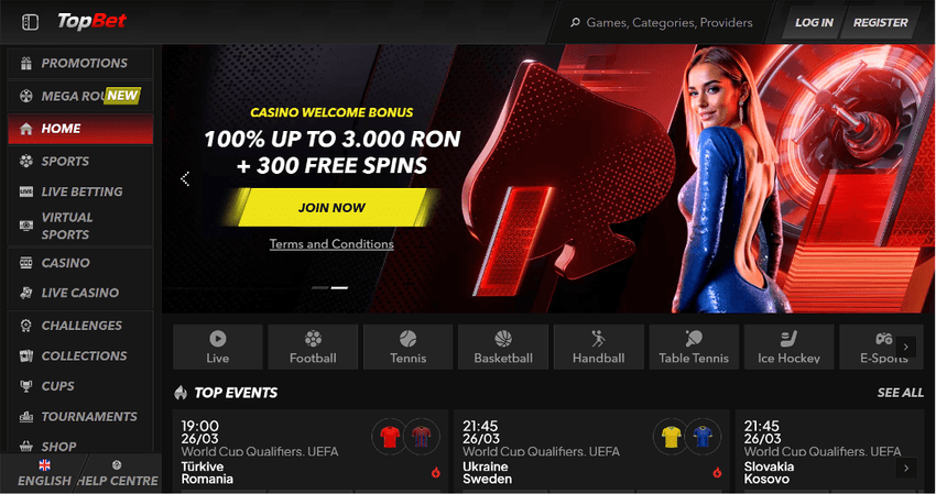 Banner TopBet cu bonus de bun venit și rotiri gratuite