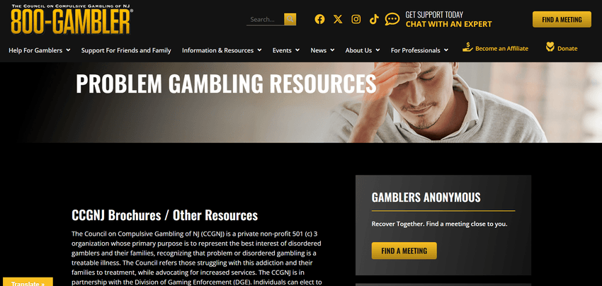 800-GAMBLER problem gambling resources page highlighting brochures and recovery materials.