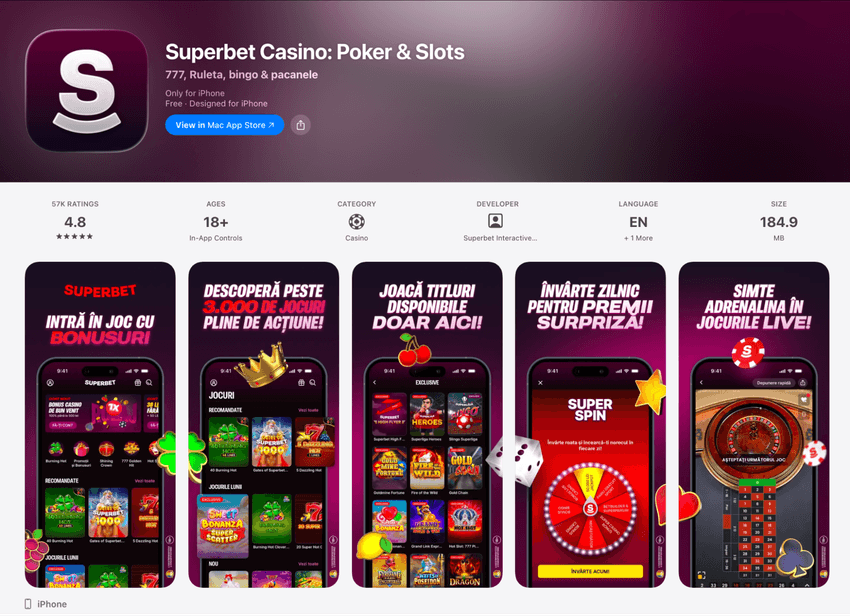 Aplicația mobilă Superbet Casino în App Store