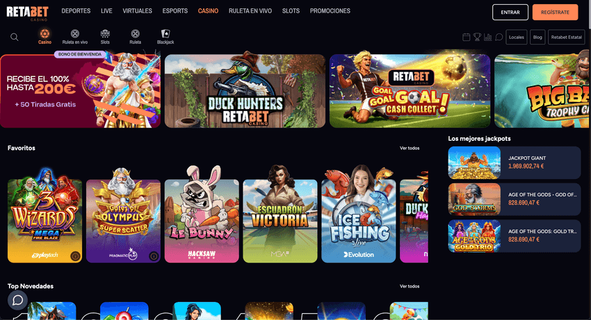 Retabet Casino y su catálogo de tragaperras con jackpot Página principal de Retabet Casino mostrando juegos de Pragmatic Play, promociones de bienvenida y sección de jackpots destacados