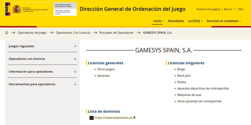 Licencia Botemanía DGOJ Licencia DGOJ de Botemanía operada por Gamesys Spain