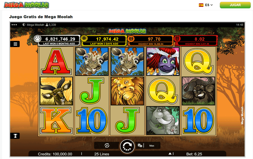 Mega Moolah jackpot progresivo con 5 rodillos y 25 líneas