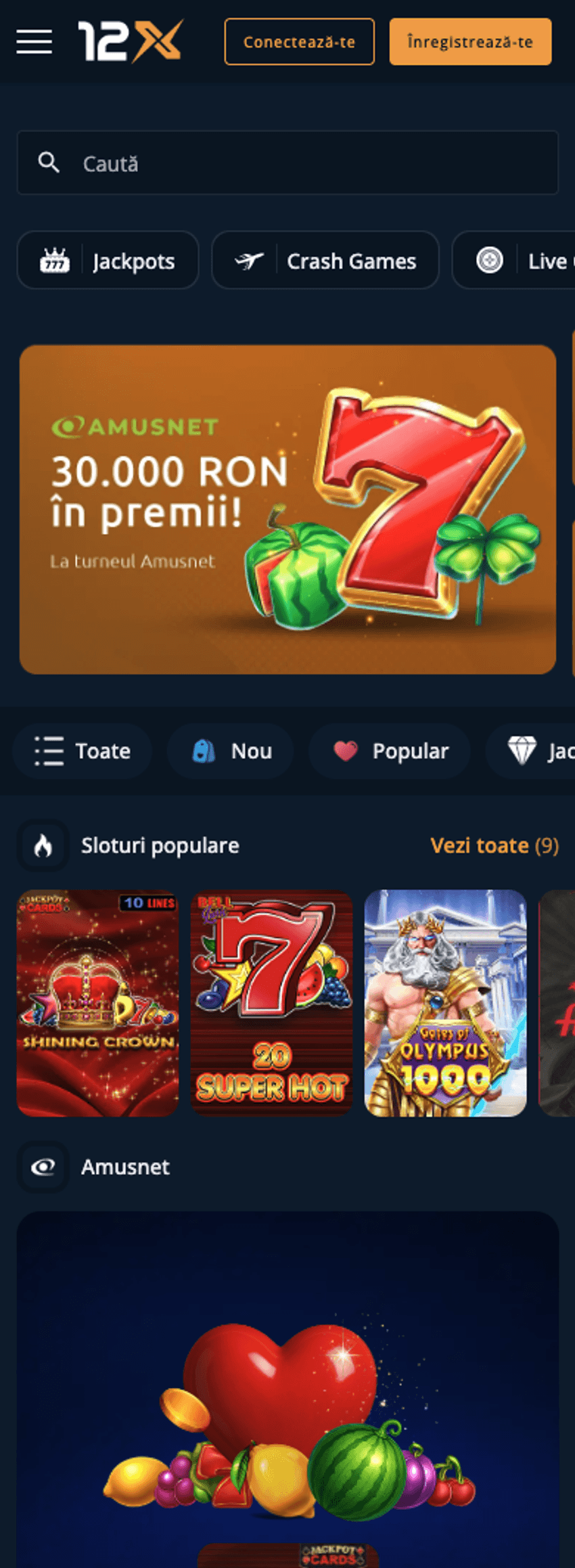 Experiența 12xBet Casino pe mobil Versiunea mobilă a 12xBet Casino cu jackpoturi, sloturi populare, filtre de jocuri și opțiuni de autentificare.
