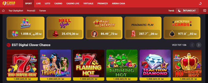 Secțiunea Casa Pariurilor cu jackpoturi și sloturi EGT