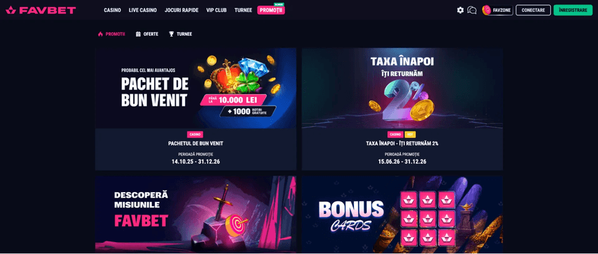 Pagina de promoții Favbet cu pachetul de bun venit de până la 10.000 lei și 1.000 de rotiri gratuite, cashback 2% și Bonus Cards.