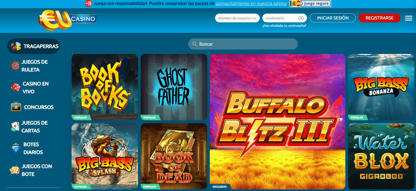 Tragaperras disponibles en EUcasino Catálogo de tragaperras de EUcasino con Buffalo Blitz III, Book of Books y Big Bass Bonanza