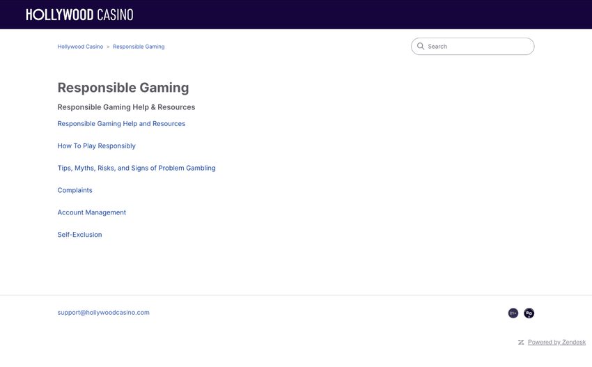 Responsible Gambling page at Hollywood Online Casino West Virginia, presenting safer gambling tools and support resources.