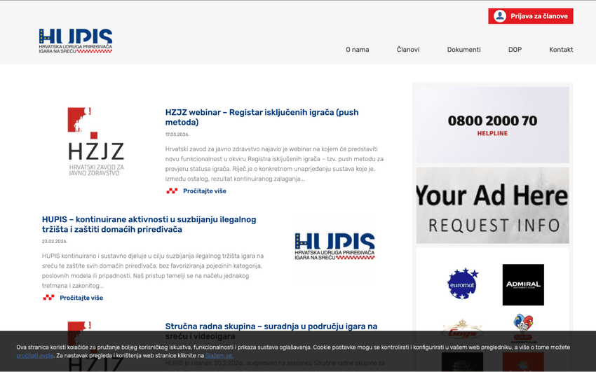 Službena stranica HUPIS-a s novostima o regulaciji i odgovornom igranju