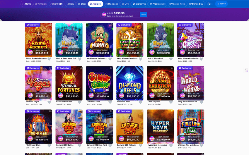 Legal Online Slots in Michigan on FanDuel casino featuring jackpot games such as Rising Rockets Emperor, Divine Fortune, Cleopatra, and Wheel of Fortune Triple Extreme Spin with progressive jackpot values displayed