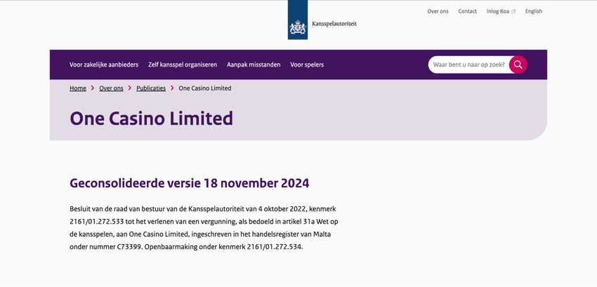 Screenshot van de Kansspelautoriteit website met vergunninginformatie voor One Casino Ltd.
