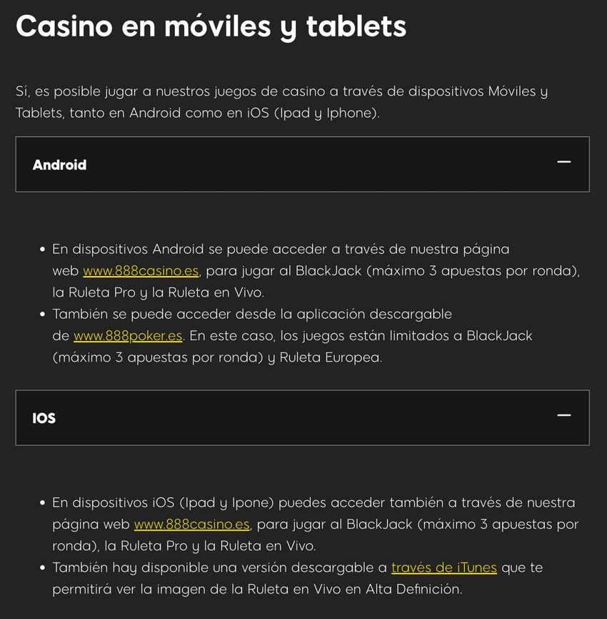 Página de ayuda de 888 Casino sobre acceso desde Android e iOS