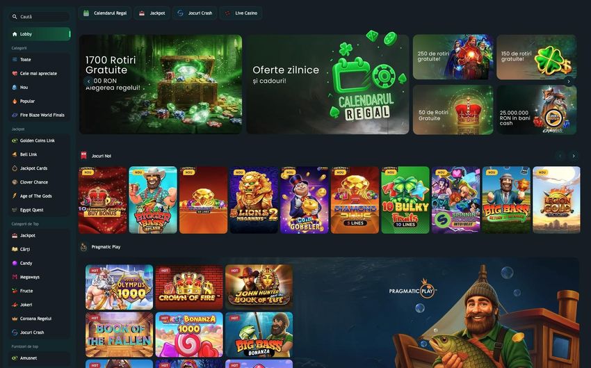 Lobby-ul KingCasino cu jocuri noi, sloturi jackpot, categorii de cazinou și titluri Pragmatic Play.