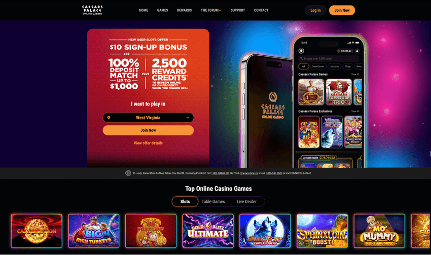 Caesars Palace Online Casino West Virginia main page screenshot Screenshot of the Caesars Palace Online Casino WV homepage with featured games and welcome offer details.