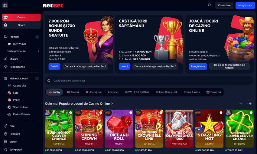 Lobby NetBet cu bonusuri și jocuri de cazinou online