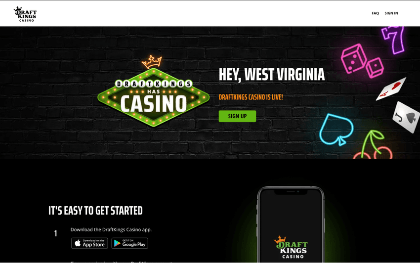 DraftKings Casino West Virginia homepage screenshot Screenshot of the DraftKings Casino West Virginia homepage with featured slot games and casino promotions.