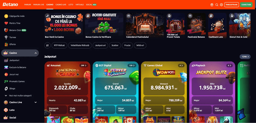 Secțiunea de jackpoturi Betano cu rețele Jackpot Cards, Clover Chance, Wowpot și Jackpot Blitz și valorile premiilor afișate în lei.