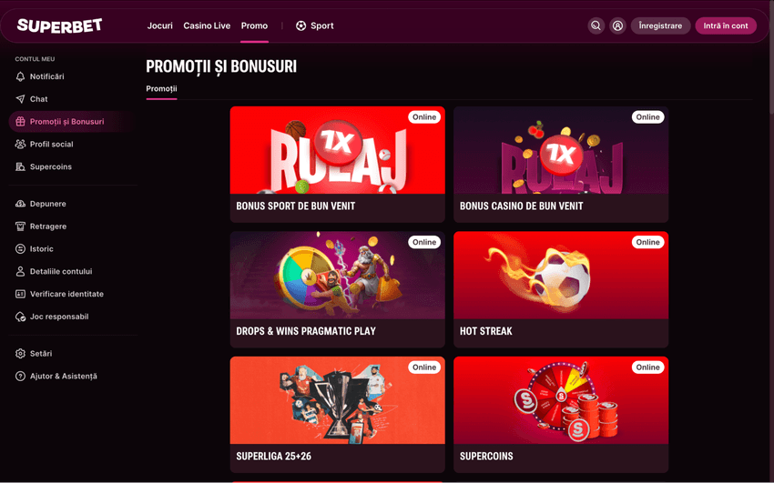 Pagina de promoții și bonusuri Superbet Casino