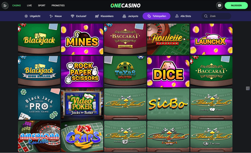Screenshot van de tafelspellenpagina van One Casino met blackjack en roulette