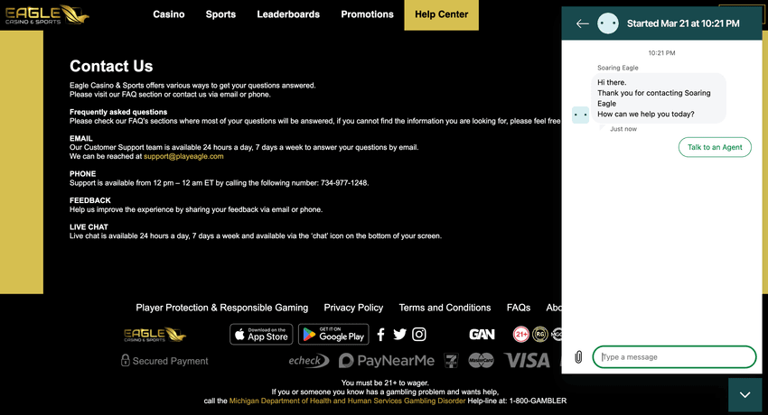 Eagle Casino Michigan support page Screenshot of the contact page with live chat option at Eagle Casino Michigan