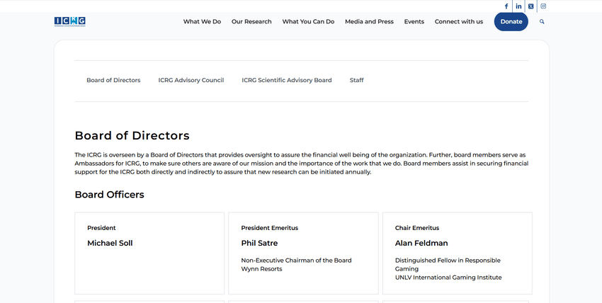 ICRG Board of Directors page listing leadership and governance roles.